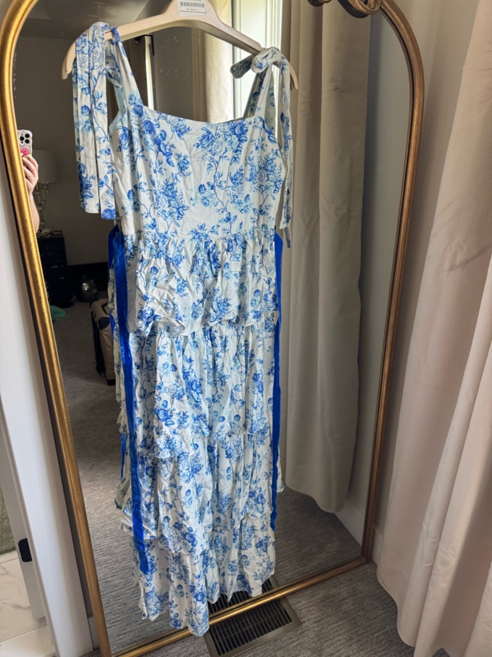 TCEC Blue and White Floral Tie-Strap Maxi Dress with Satin Ribbon - Picture 2 of 4